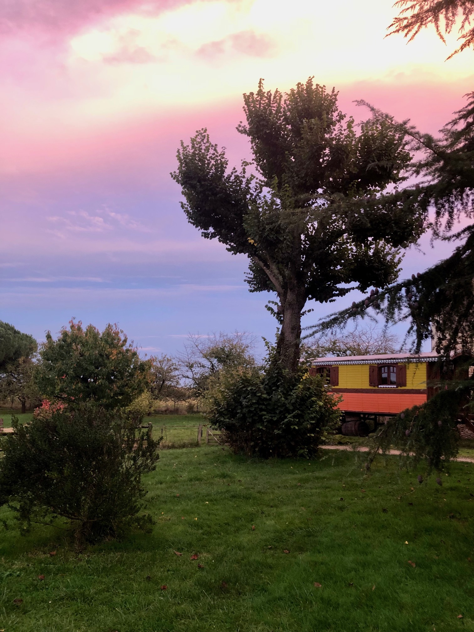 Chalet coloré au coucher du soleil, entouré darbres et de verdure luxuriante.