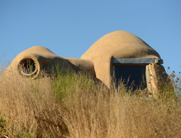 Hébergement insolite en forme de dôme, entouré de végétation sauvage.