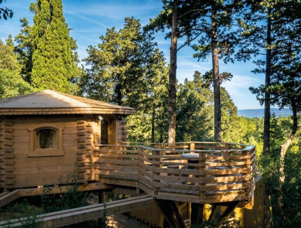 Cabane en bois perchée, entourée darbres, avec terrasse ensoleillée.