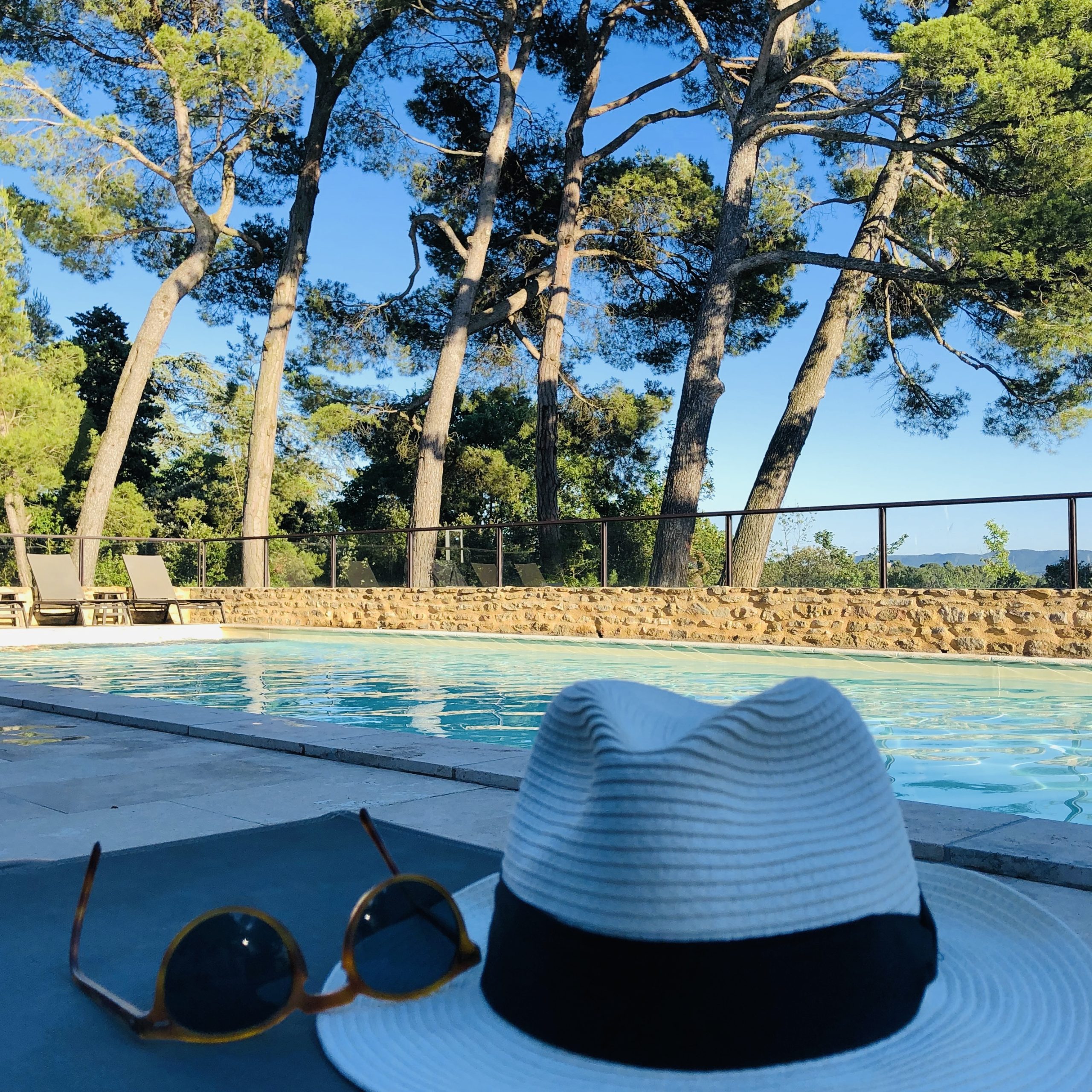 Villa avec piscine, chapeau et lunettes de soleil au bord de leau, entourée darbres.